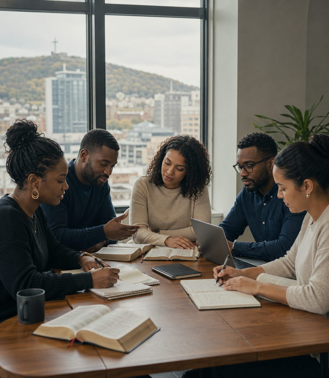 Groupe d’étudiants de l’IBVB en étude biblique autour d’une table, Bibles ouvertes